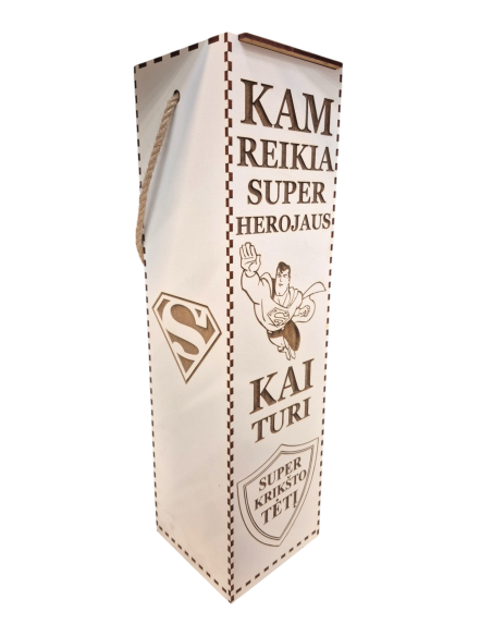 Dėžė buteliui "Kam reikia super herojaus kai super Krikšto Tėtį turi"